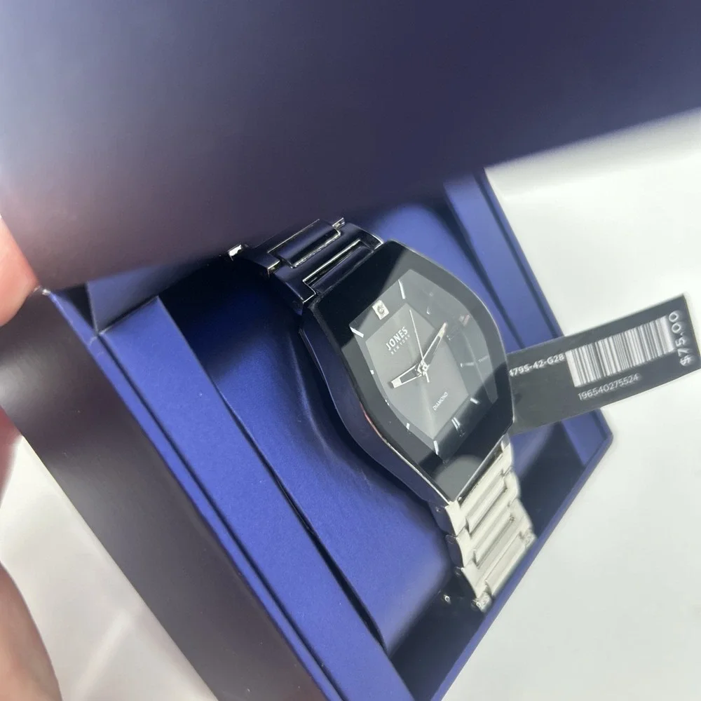 NIB Jones New York Diamond Men's Watch Silver Tone Black Face